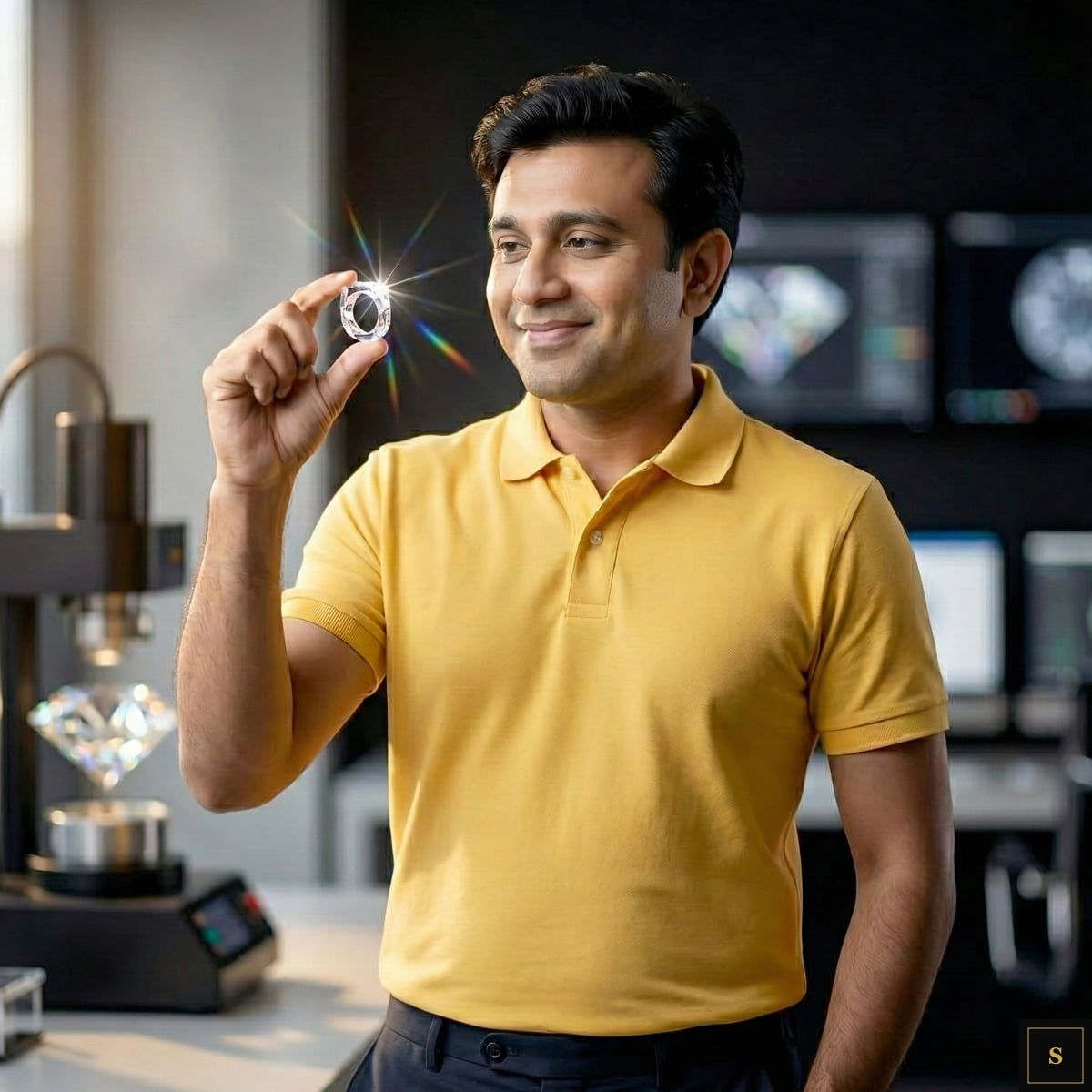 Founder examining a single-crystal diamond ring in the laboratory